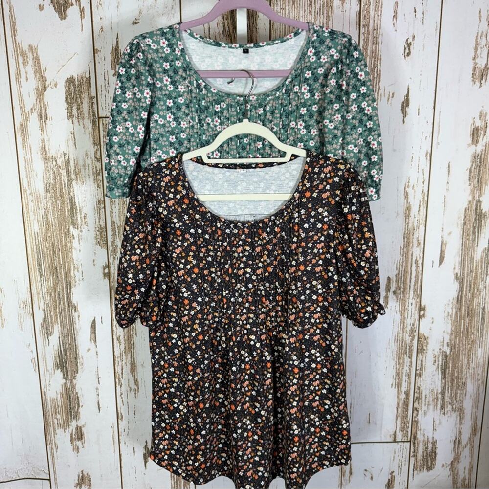 Set of 2. Chic Floral Women's Blouses - Green and Black. Size Large.